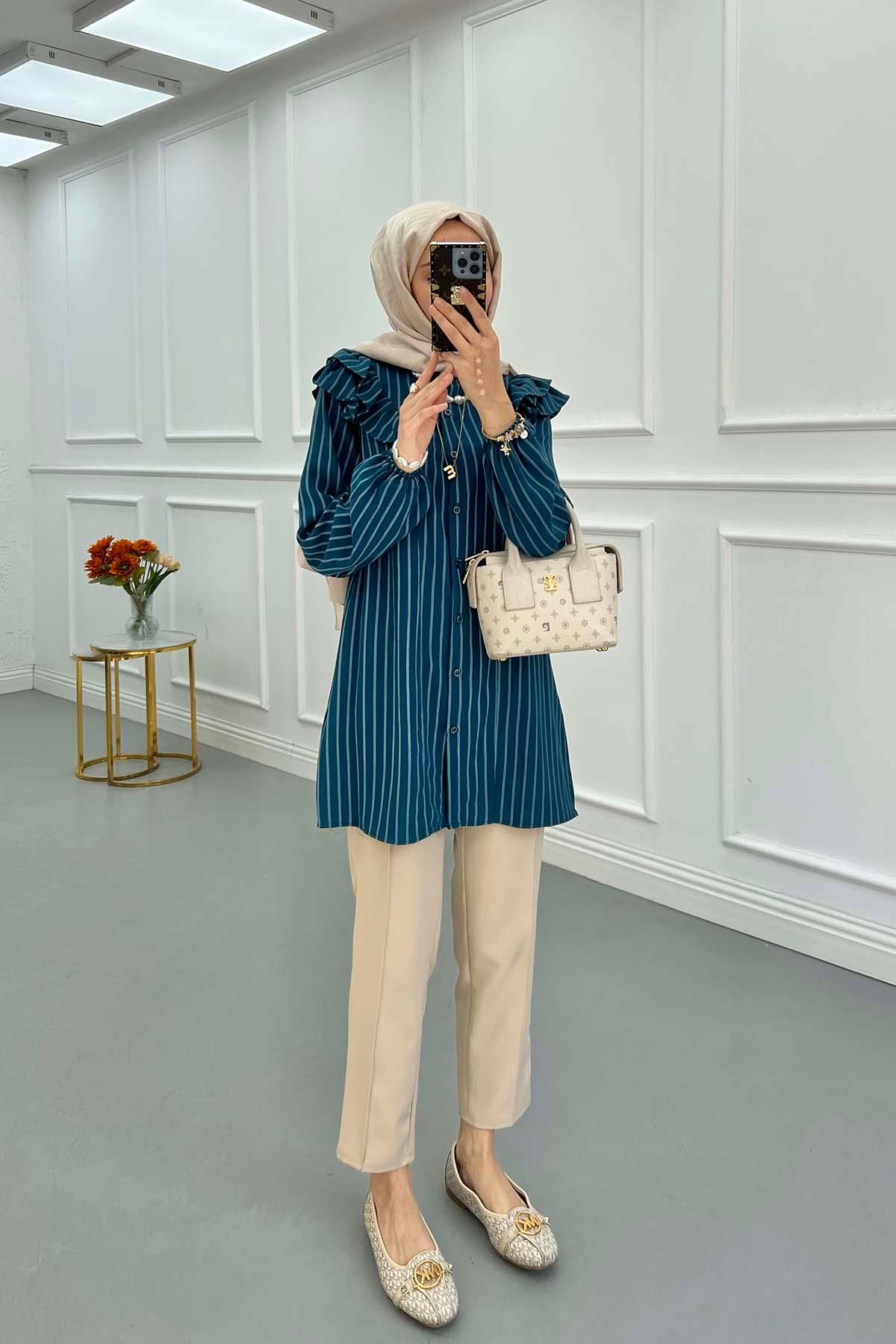 Sare Fashion Striped Shirt with Ruffle Detail Petrol Green