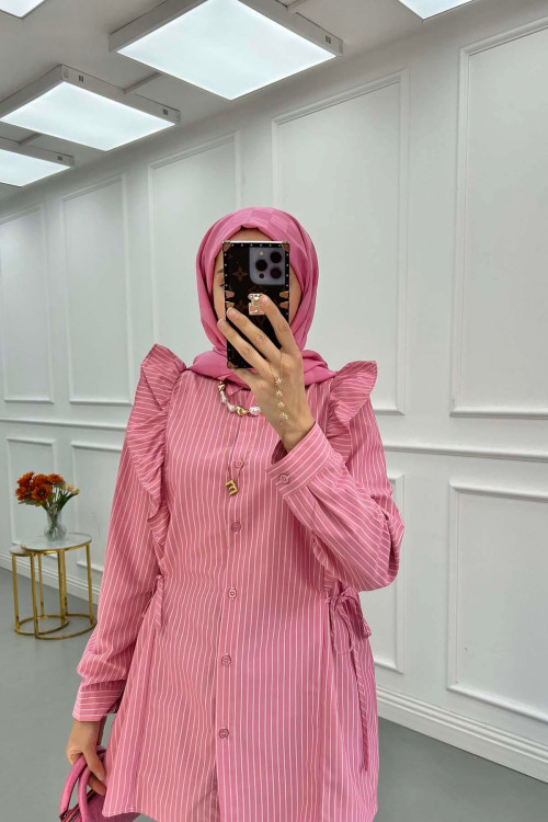 Sare Fashion Striped Shirt with Ruffle and Tie Detail Pink