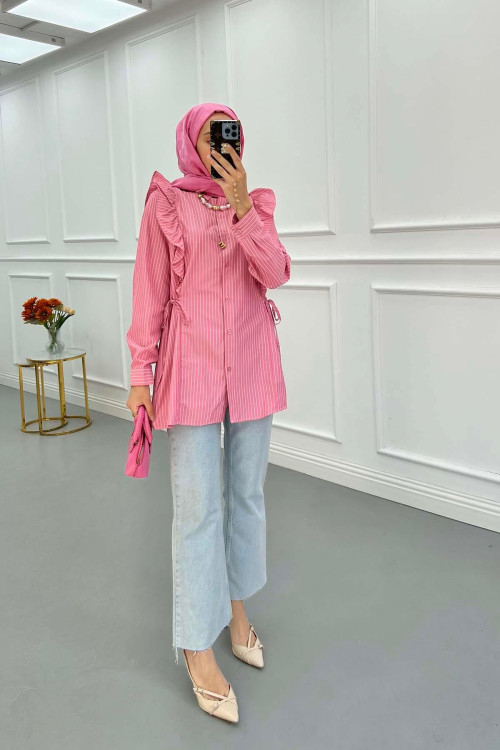 Sare Fashion Striped Shirt with Ruffle and Tie Detail Pink