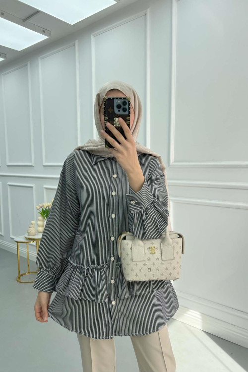 Ruffle Striped Shirt Black