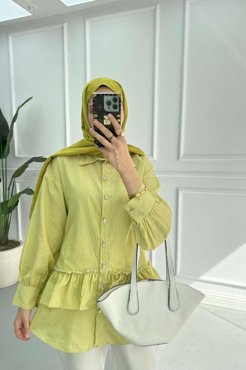 Frilled Striped Shirt Oil Green