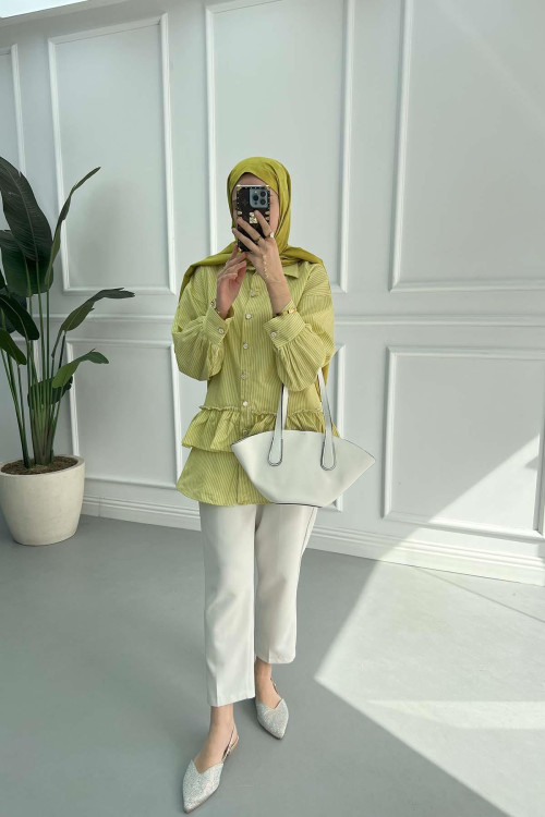 Frilled Striped Shirt Oil Green