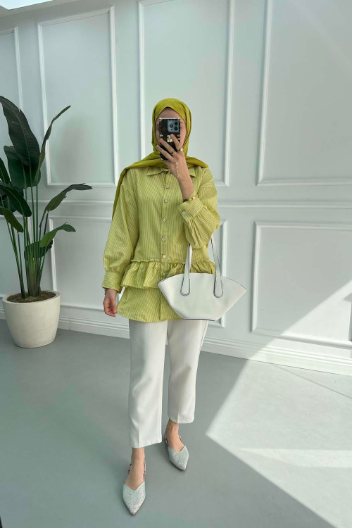 Frilled Striped Shirt Oil Green
