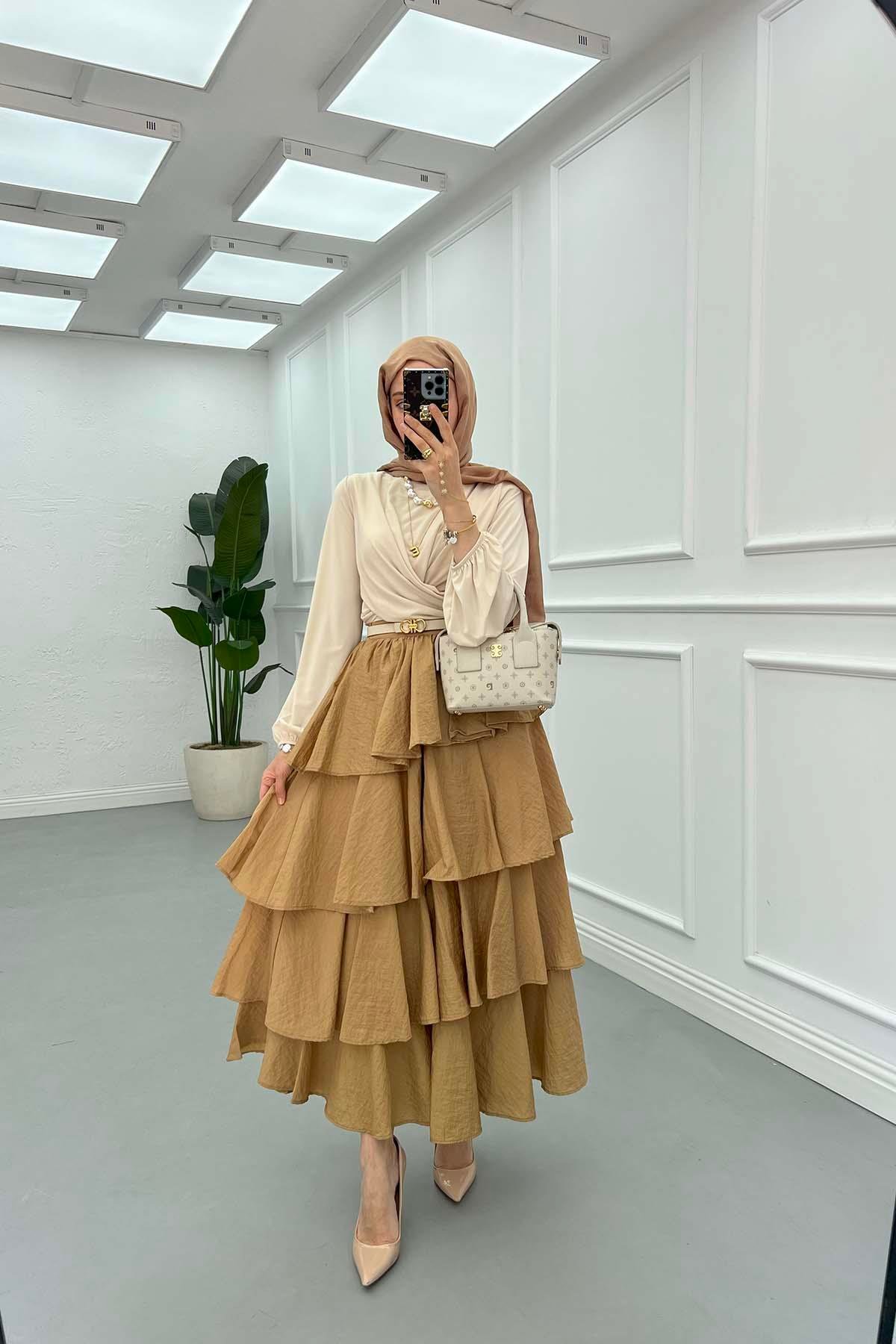 Sare Fashion Ruffled Camel Skirt