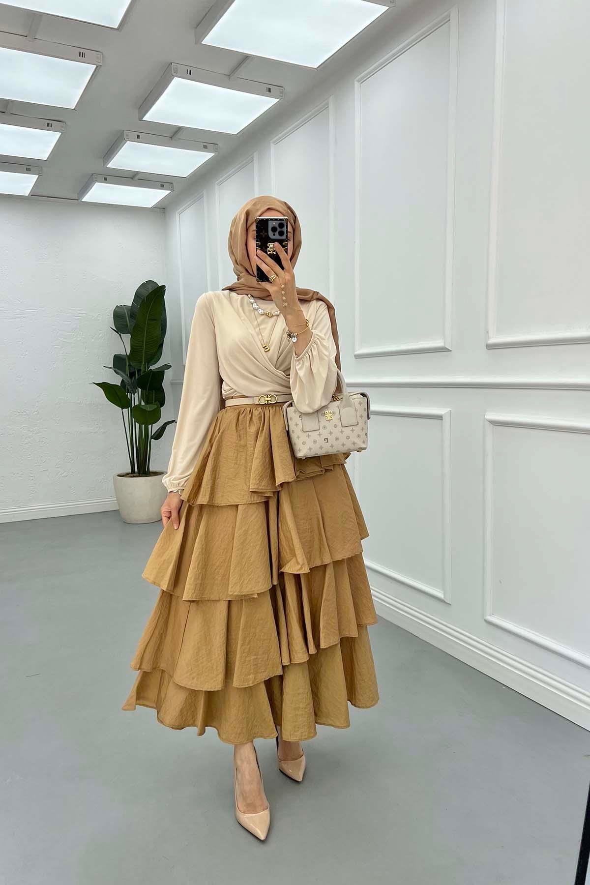 Sare Fashion Ruffled Camel Skirt