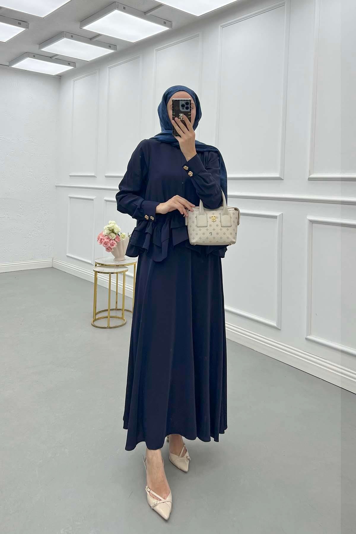 Sare Fashion Ruffle Skirt Suit Navy Blue
