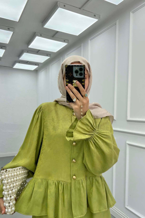 Sare Fashion Ruffled Self-Patterned Skirt Suit Green