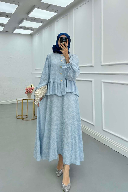 Sare Fashion Ruffled Self-Patterned Skirt Suit Blue
