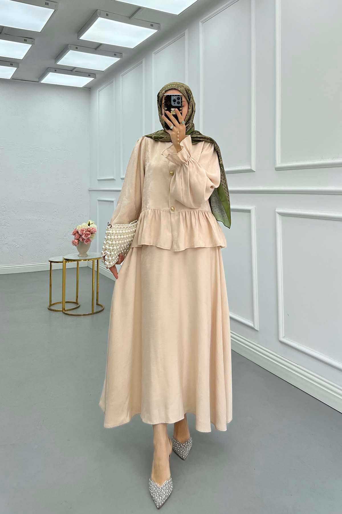 Sare Fashion Ruffled Self-Patterned Skirt Suit Beige