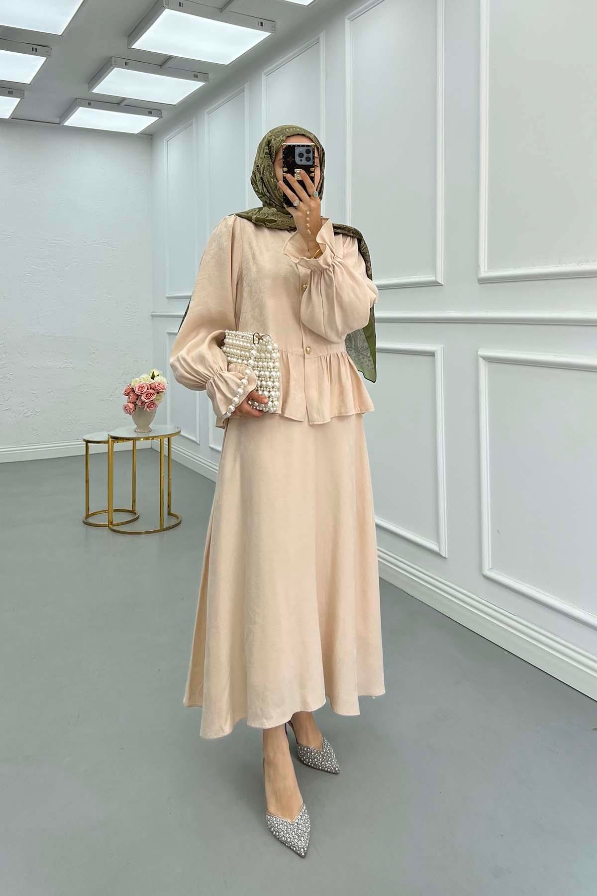 Sare Fashion Ruffled Self-Patterned Skirt Suit Beige