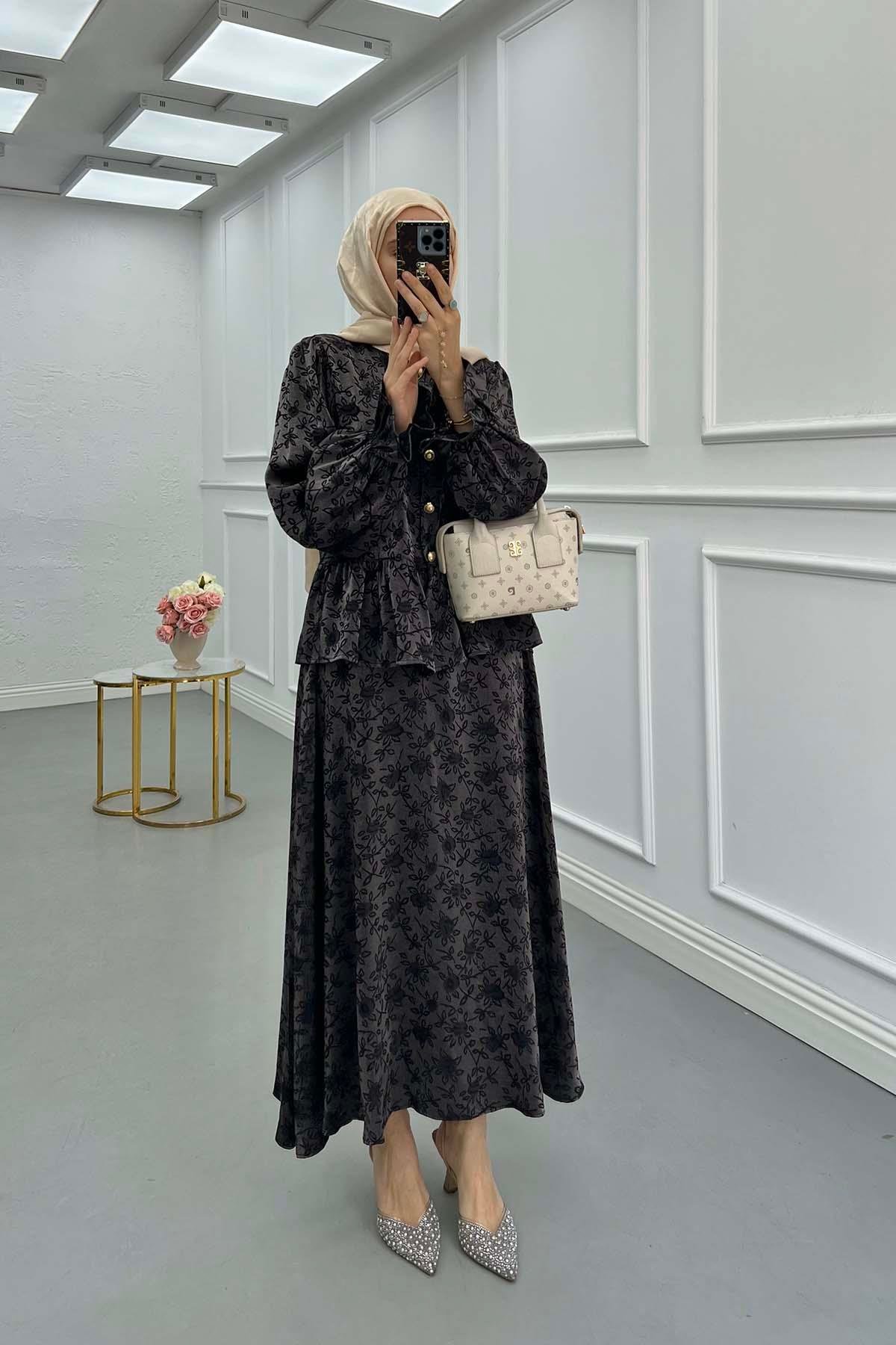 Sare Fashion Frilled Self-Patterned Skirt Suit Black