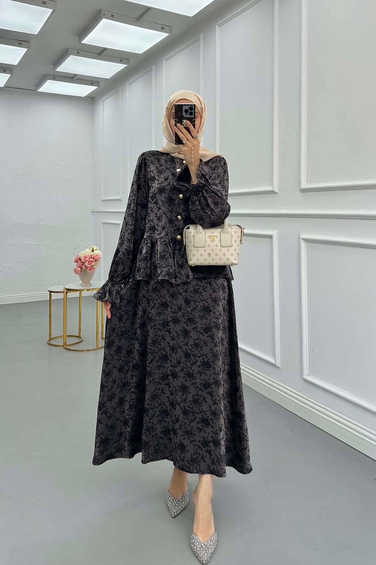 Sare Fashion Frilled Self-Patterned Skirt Suit Black
