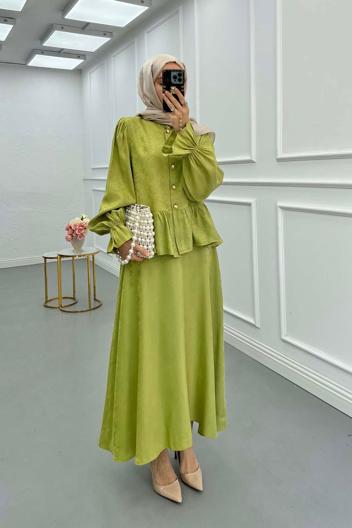 Sare Fashion Ruffled Self-Patterned Skirt Suit Green