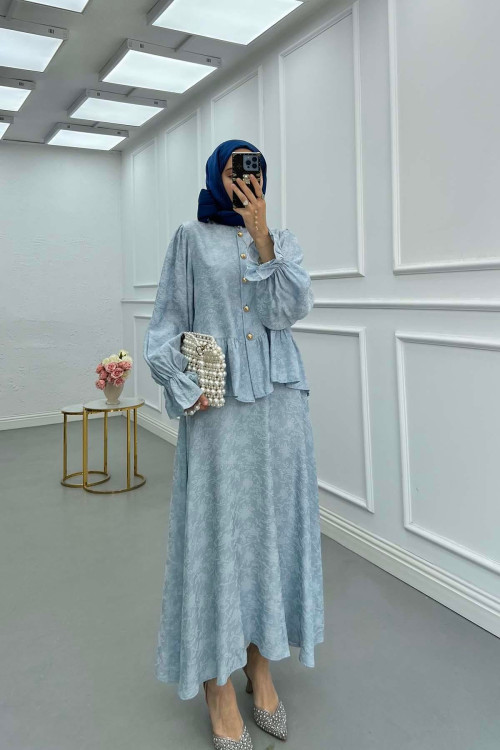 Sare Fashion Ruffled Self-Patterned Skirt Suit Blue