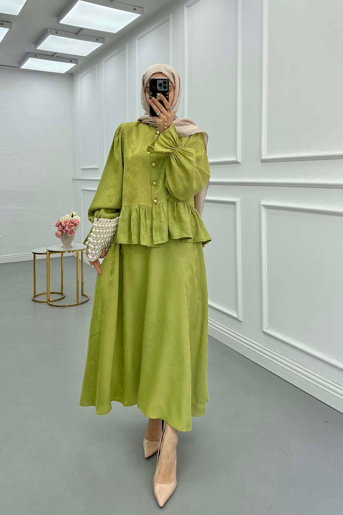 Sare Fashion Ruffled Self-Patterned Skirt Suit Green
