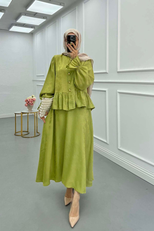 Sare Fashion Ruffled Self-Patterned Skirt Suit Green
