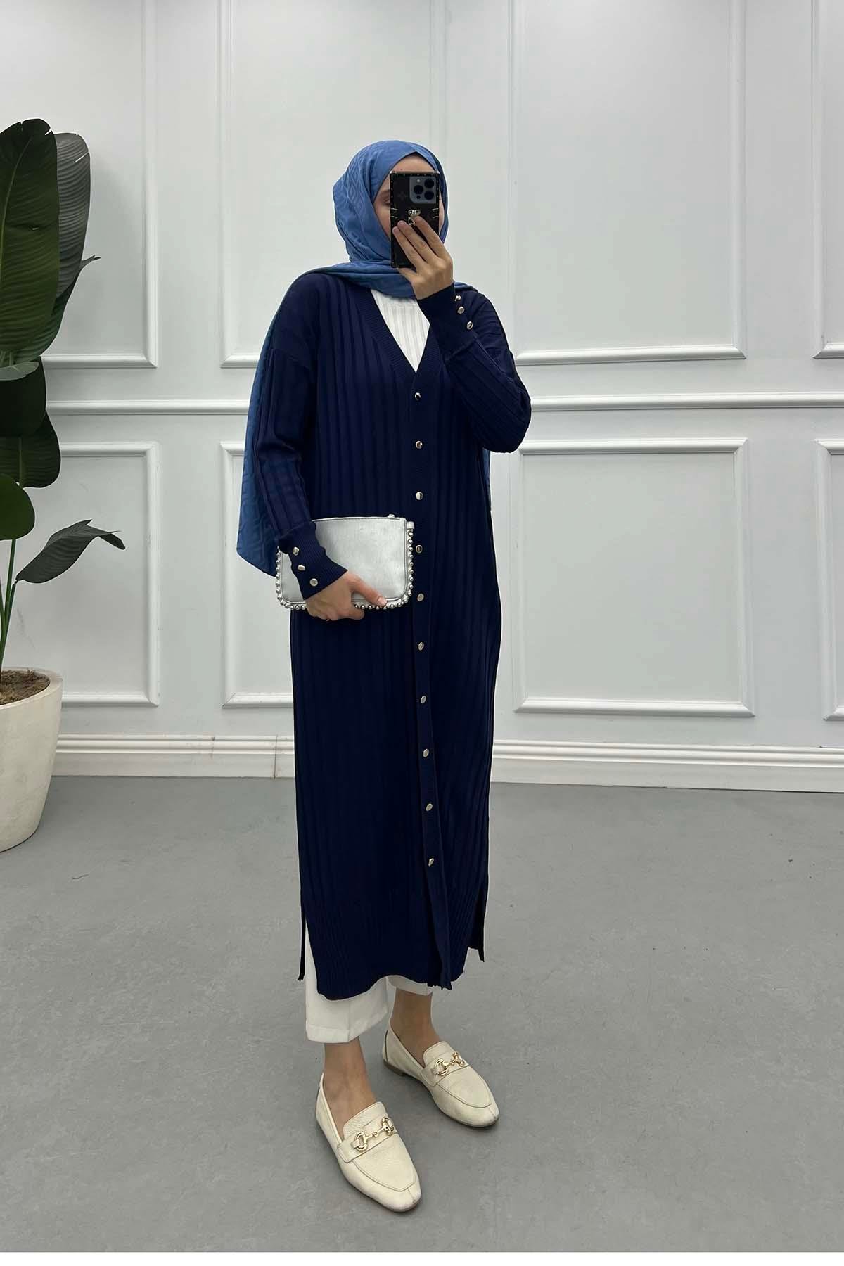 Sare Fashion Mercerized Corduroy Long Cardigan Navy Blue Sare Fashion Mercerized Corduroy Long Cardigan Navy Blue