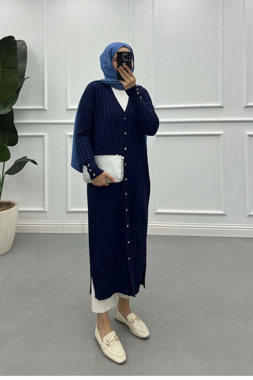 Sare Fashion Mercerized Corduroy Long Cardigan Navy Blue Sare Fashion Mercerized Corduroy Long Cardigan Navy Blue