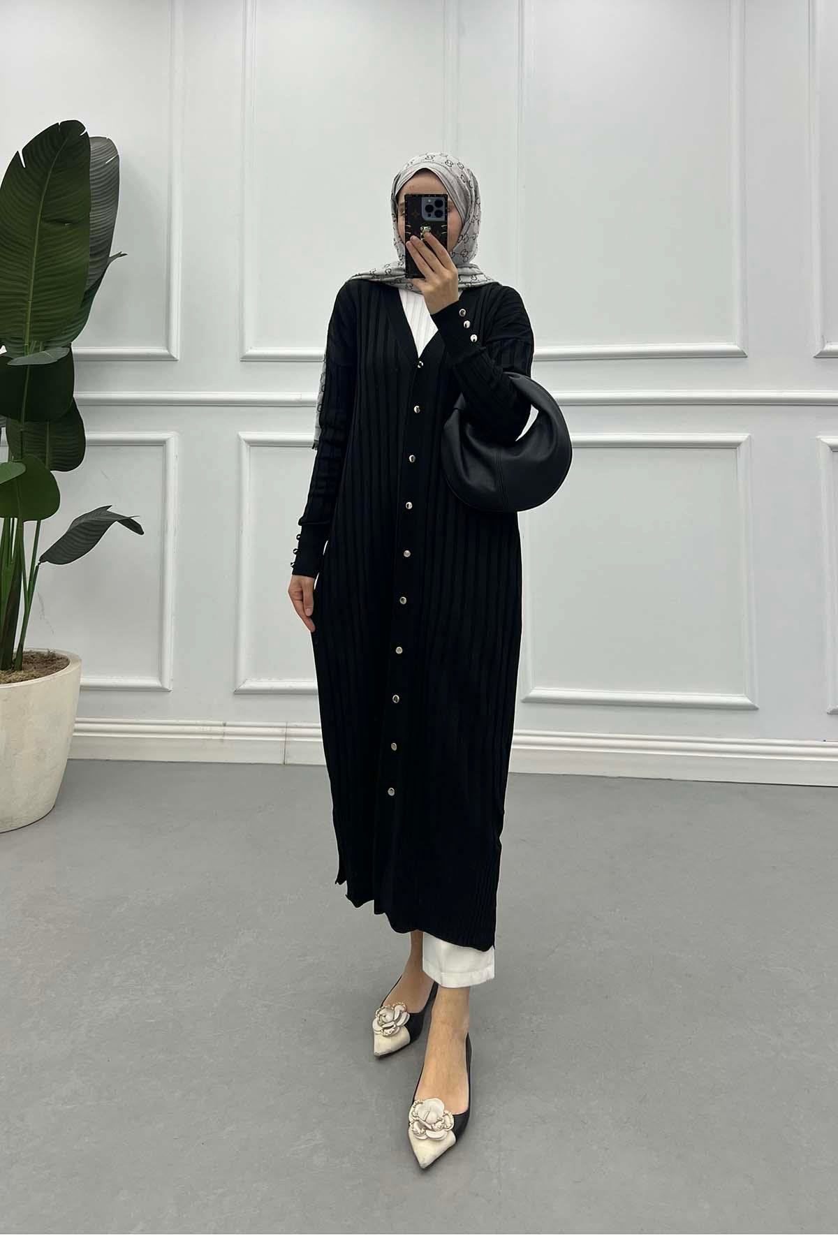 Sare Fashion Corduroy Mercerized Long Cardigan Black