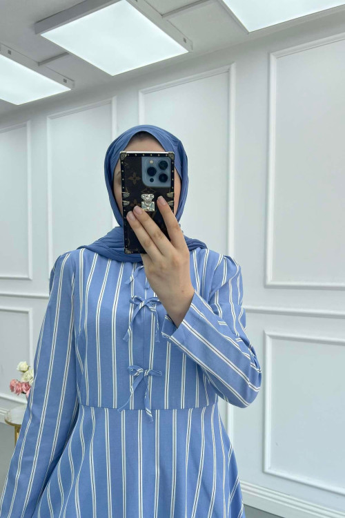 Sare Fashion Striped Dress with Bow Detail, Blue Sare Fashion Striped Dress with Bow Detail, Blue