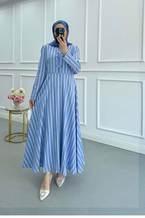 Sare Fashion Striped Dress with Bow Detail, Blue Sare Fashion Striped Dress with Bow Detail, Blue