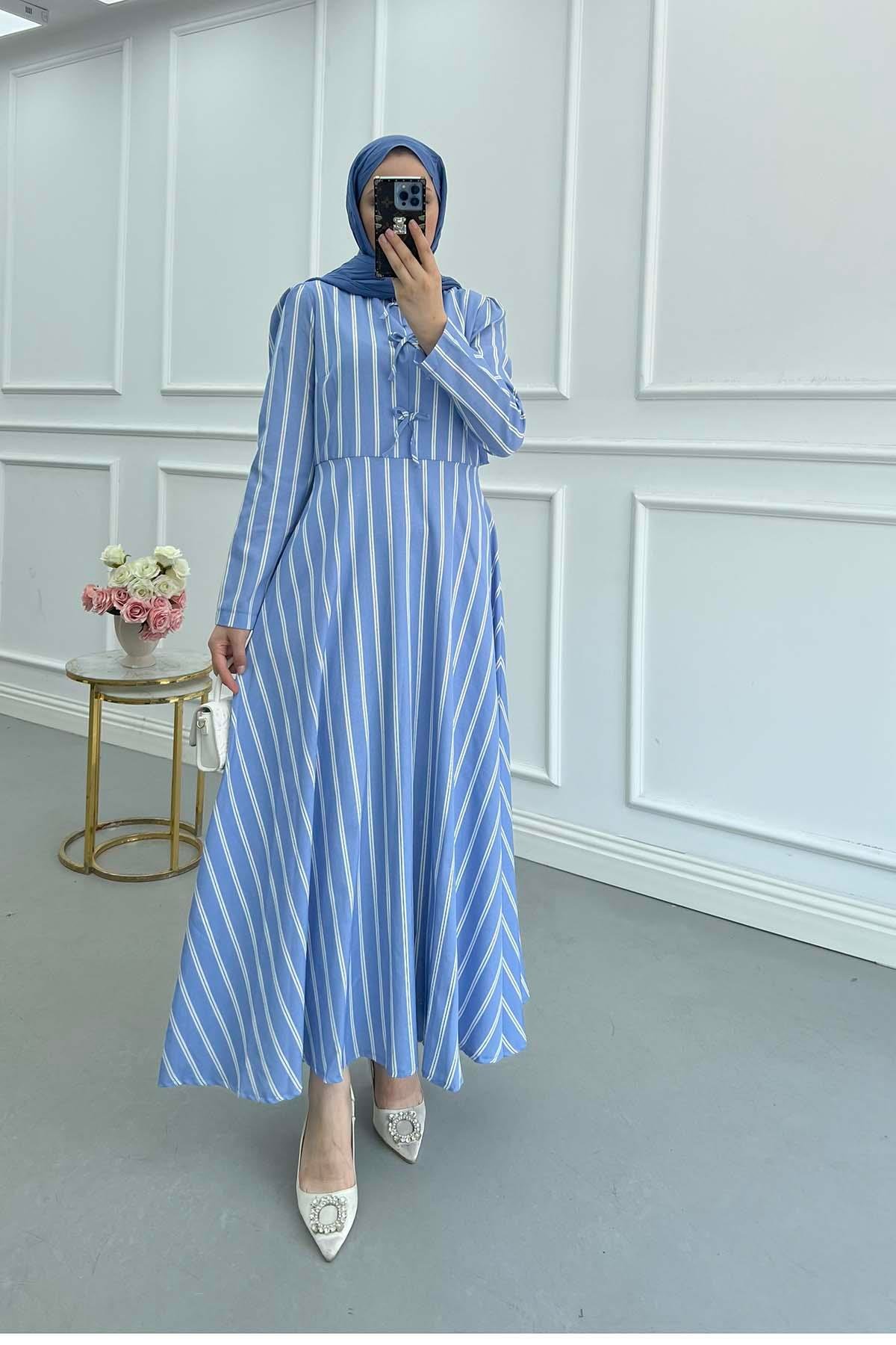 Sare Fashion Striped Dress with Bow Detail, Blue