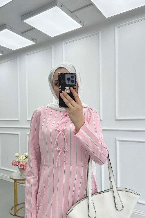 Sare Fashion Striped Dress with Bow Detail, Pink