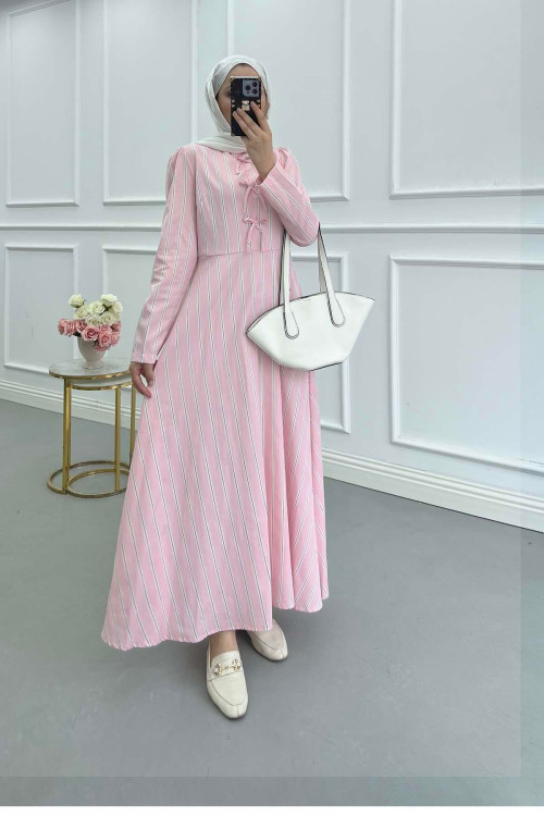 Sare Fashion Striped Dress with Bow Detail, Pink