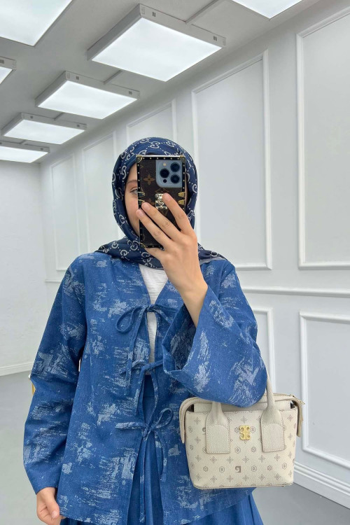 Sare Fashion Denim Suit with Bow Tie Skirt Blue