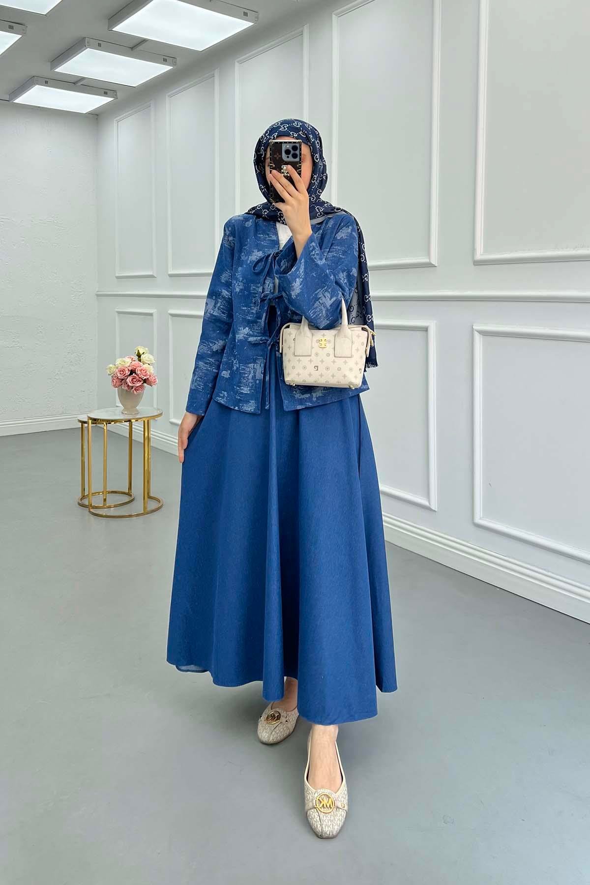 Sare Fashion Denim Suit with Bow Tie Skirt Blue