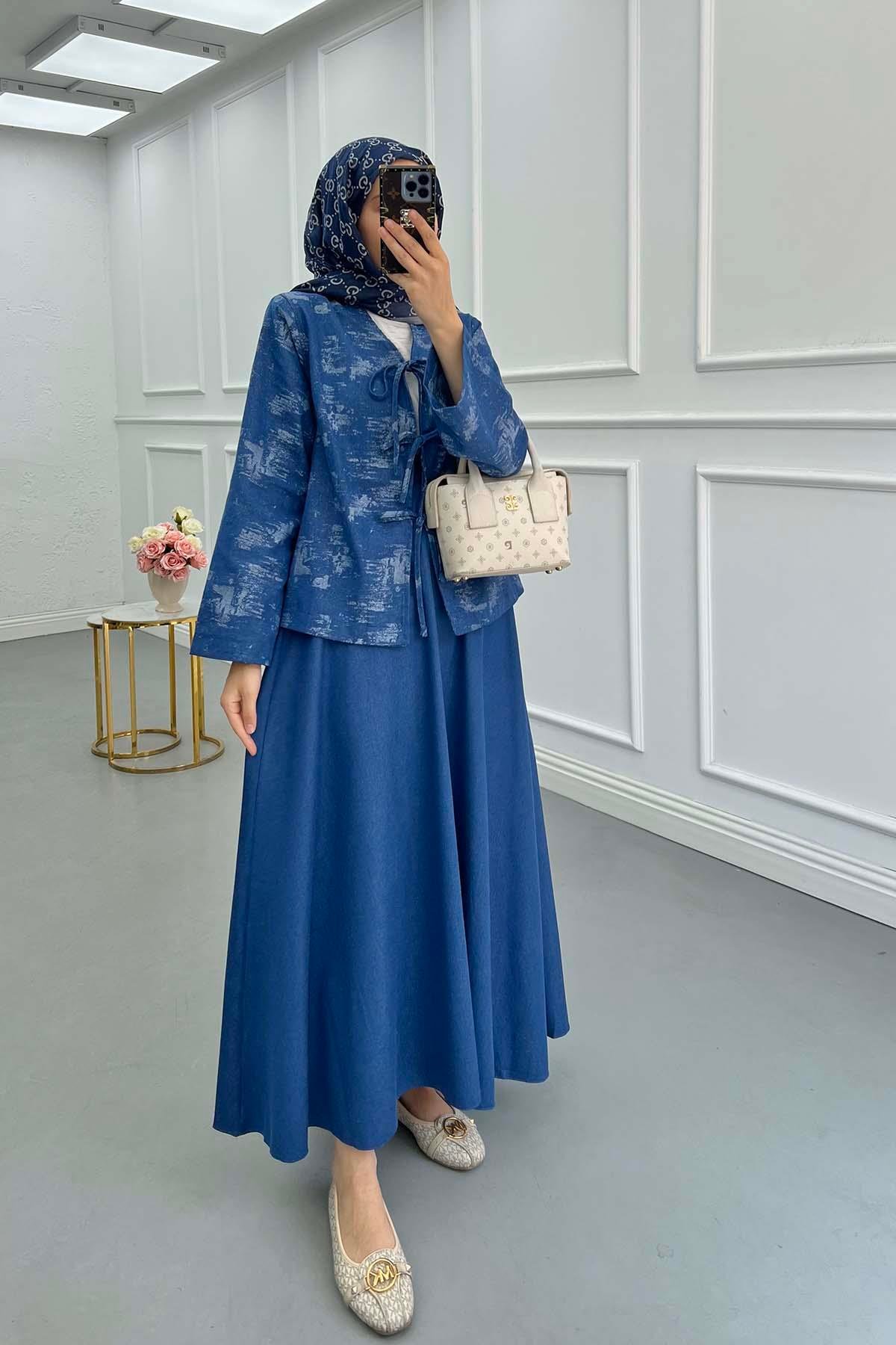 Sare Fashion Denim Suit with Bow Tie Skirt Blue