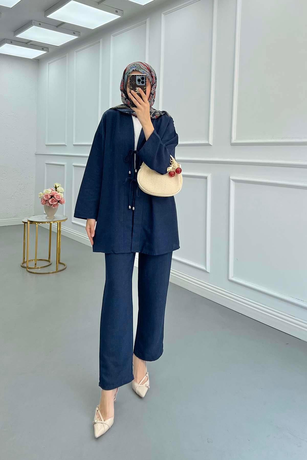 Sare Fashion Bow Tie Kimono Set Navy Blue