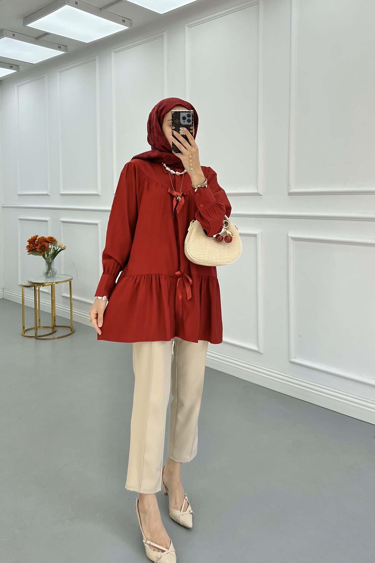 Sare Fashion Gabardine Shirt with Bow Detail Red