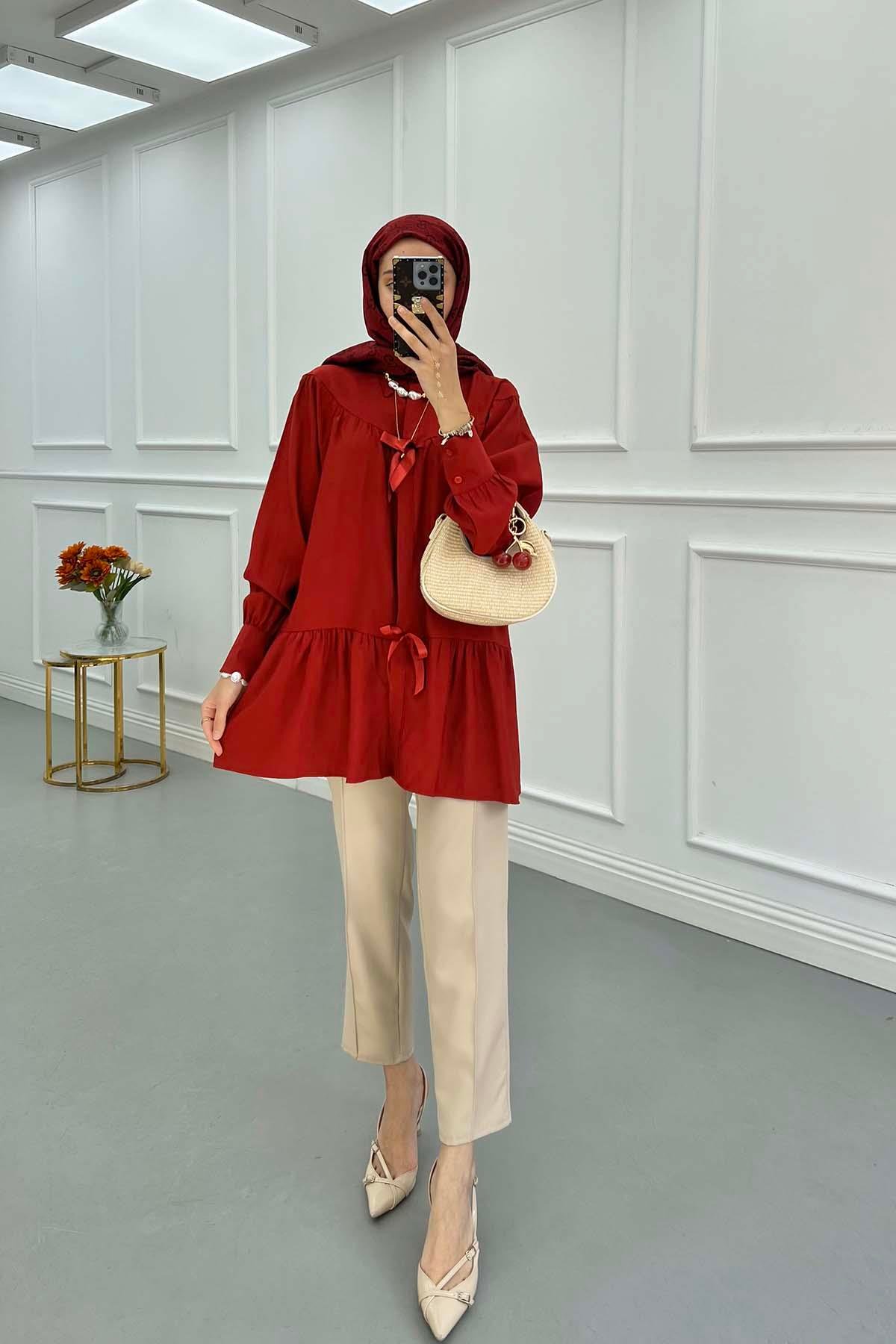 Sare Fashion Gabardine Shirt with Bow Detail Red