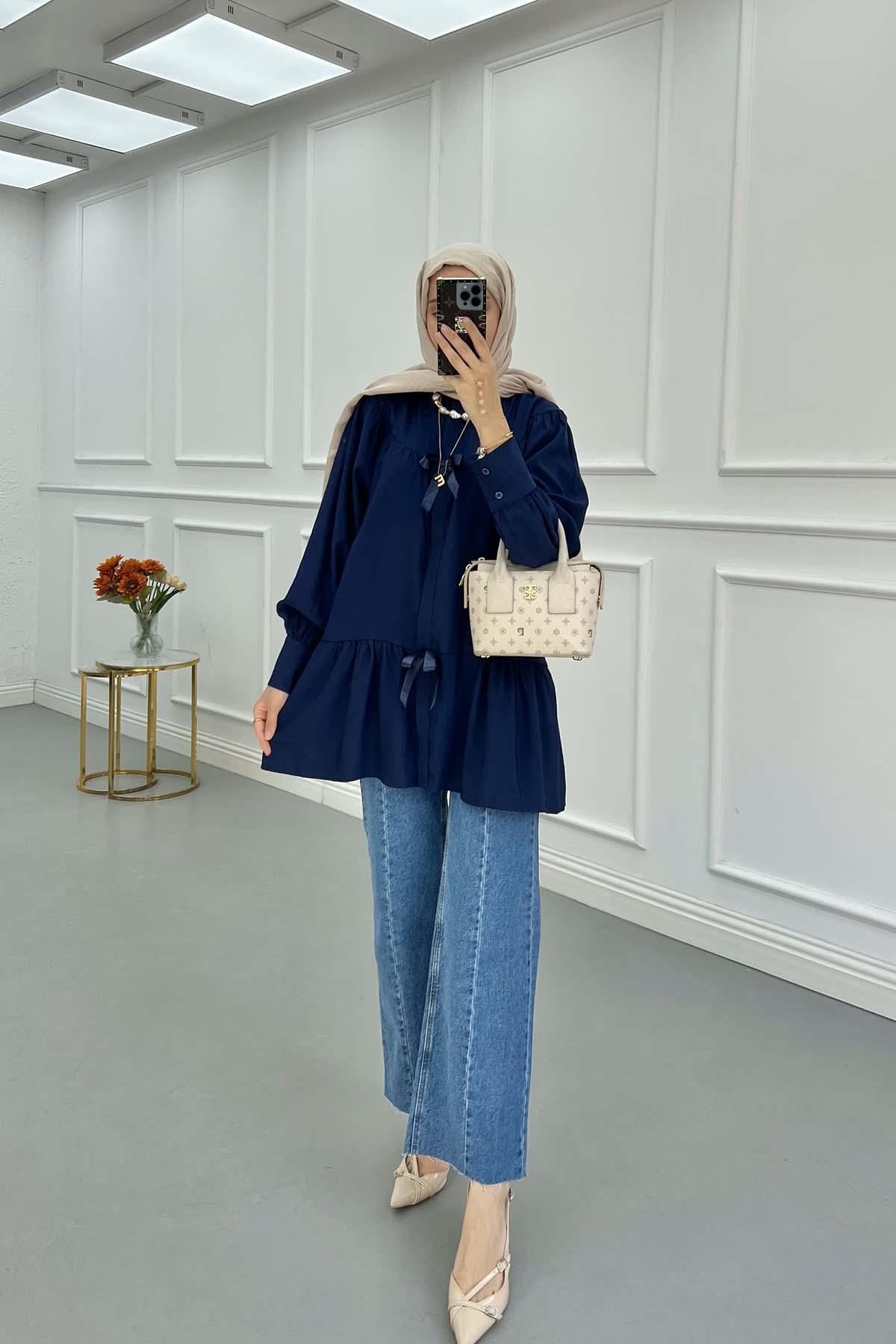 Sare Fashion Gabardine Shirt with Bow Detail Navy Blue