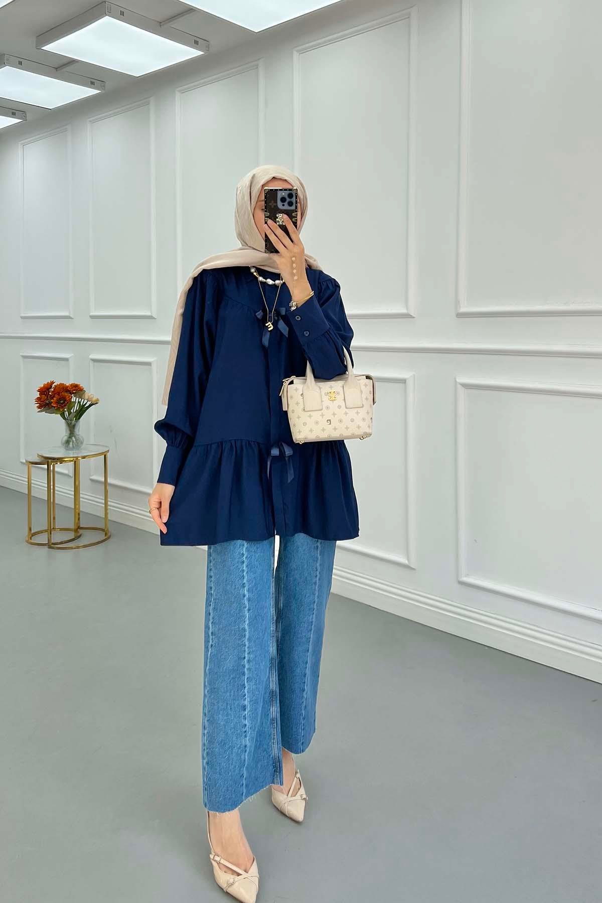 Sare Fashion Gabardine Shirt with Bow Detail Navy Blue