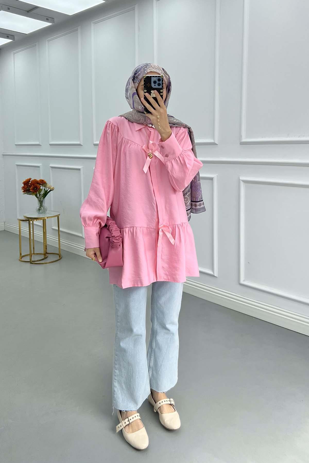 Sare Fashion Gabardine Shirt with Bow Detail Pink