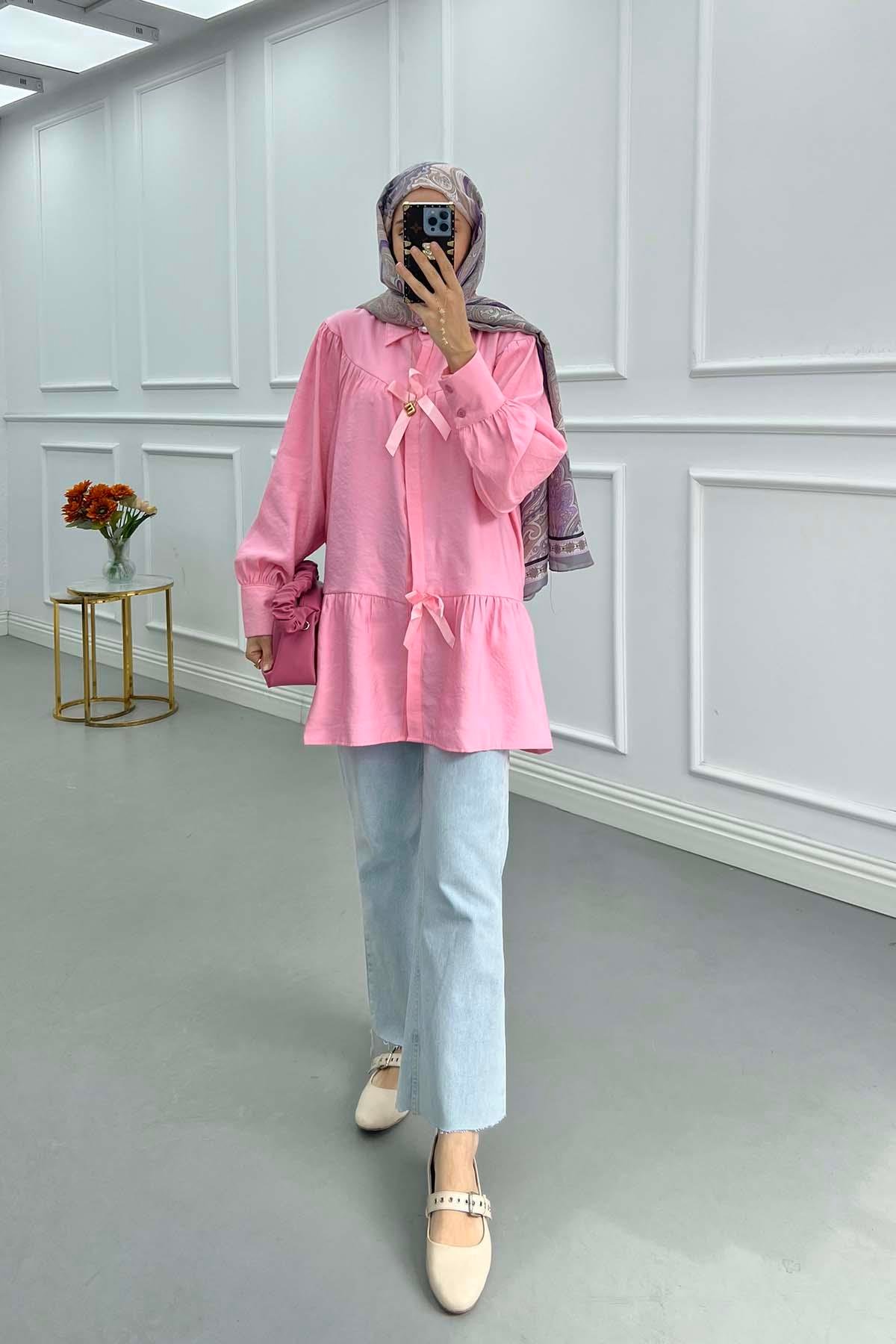 Sare Fashion Gabardine Shirt with Bow Detail Pink