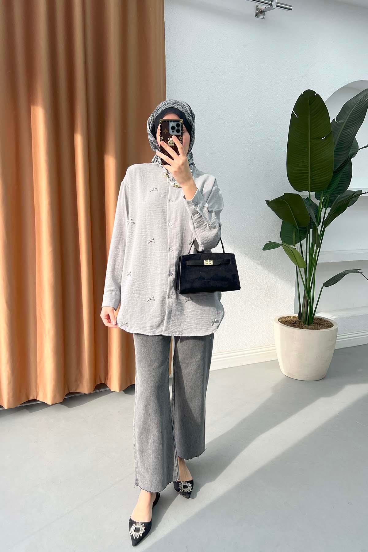 Sare Fashion Bow Detail Shirt Gray