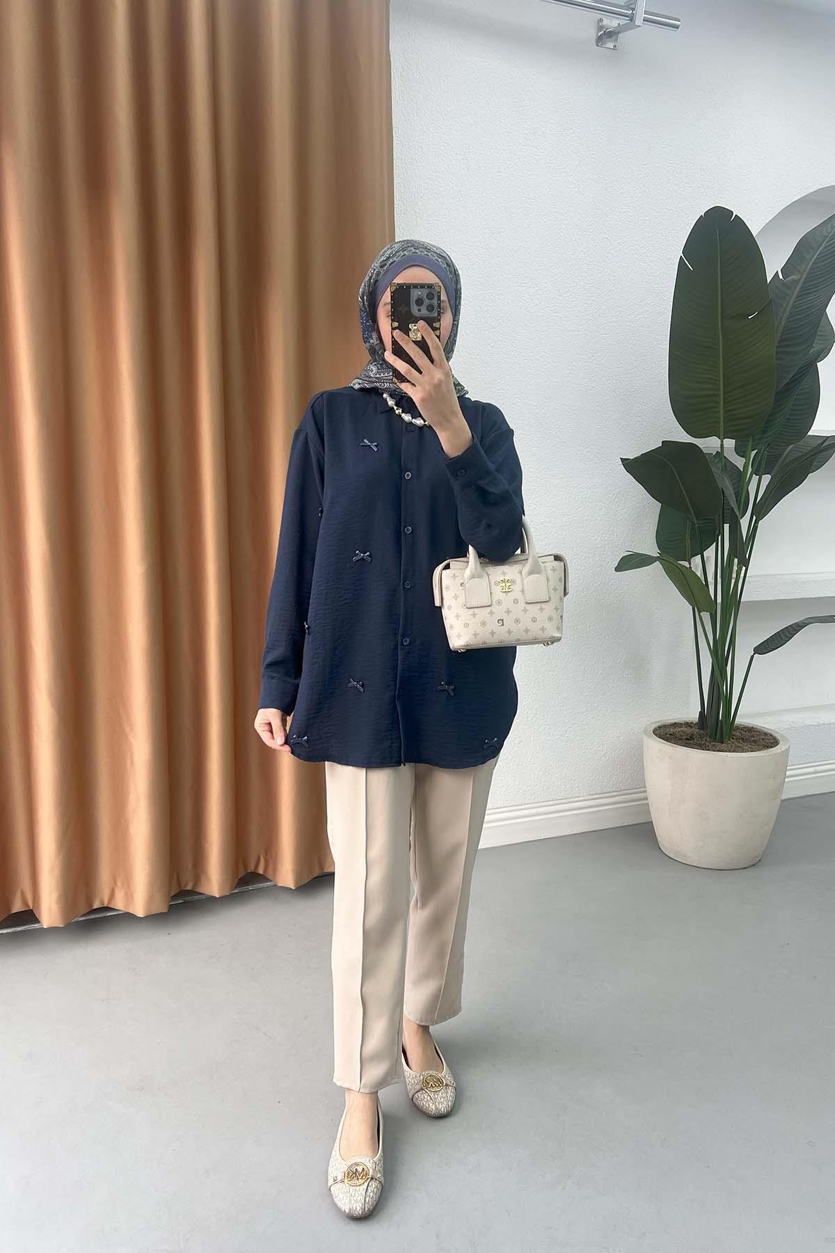 Sare Fashion Bow Detailed Shirt Navy Blue