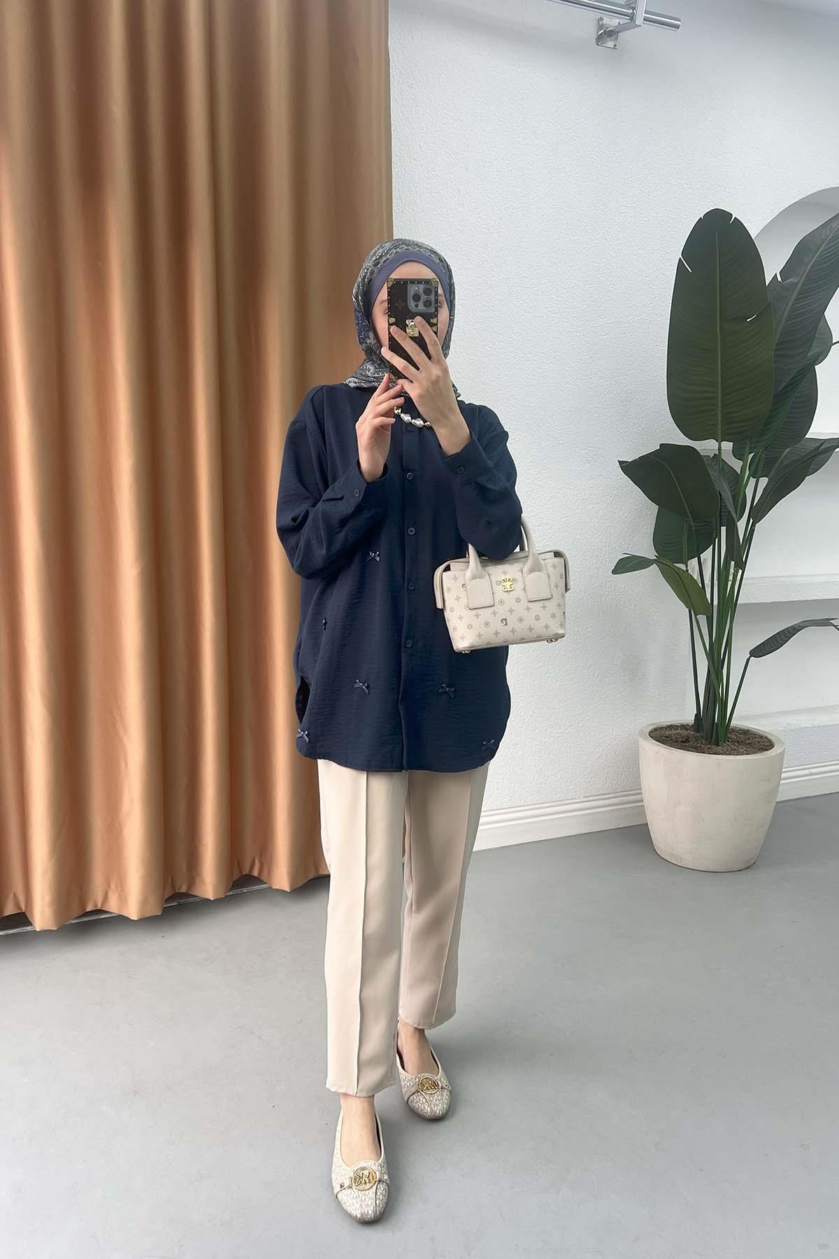 Sare Fashion Bow Detailed Shirt Navy Blue