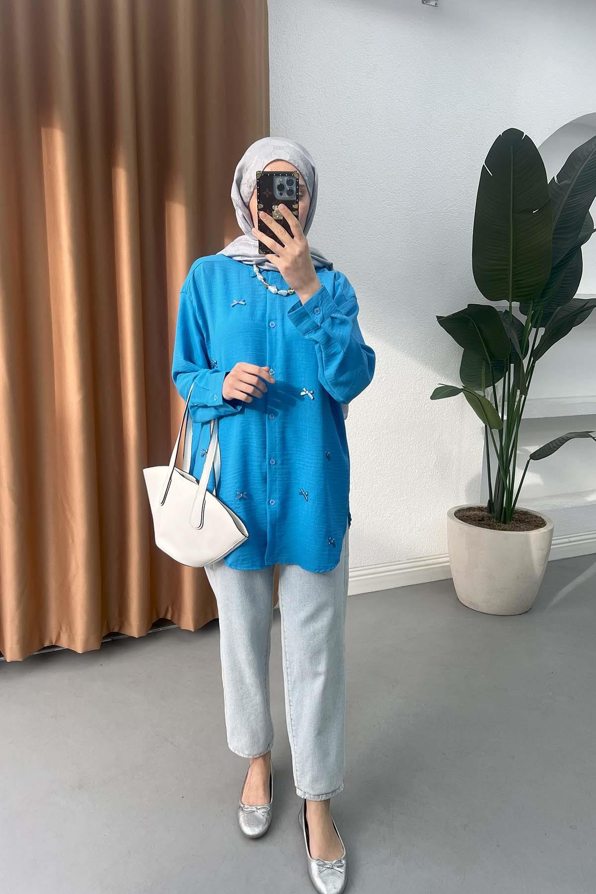 Sare Fashion Bow Detail Shirt Blue