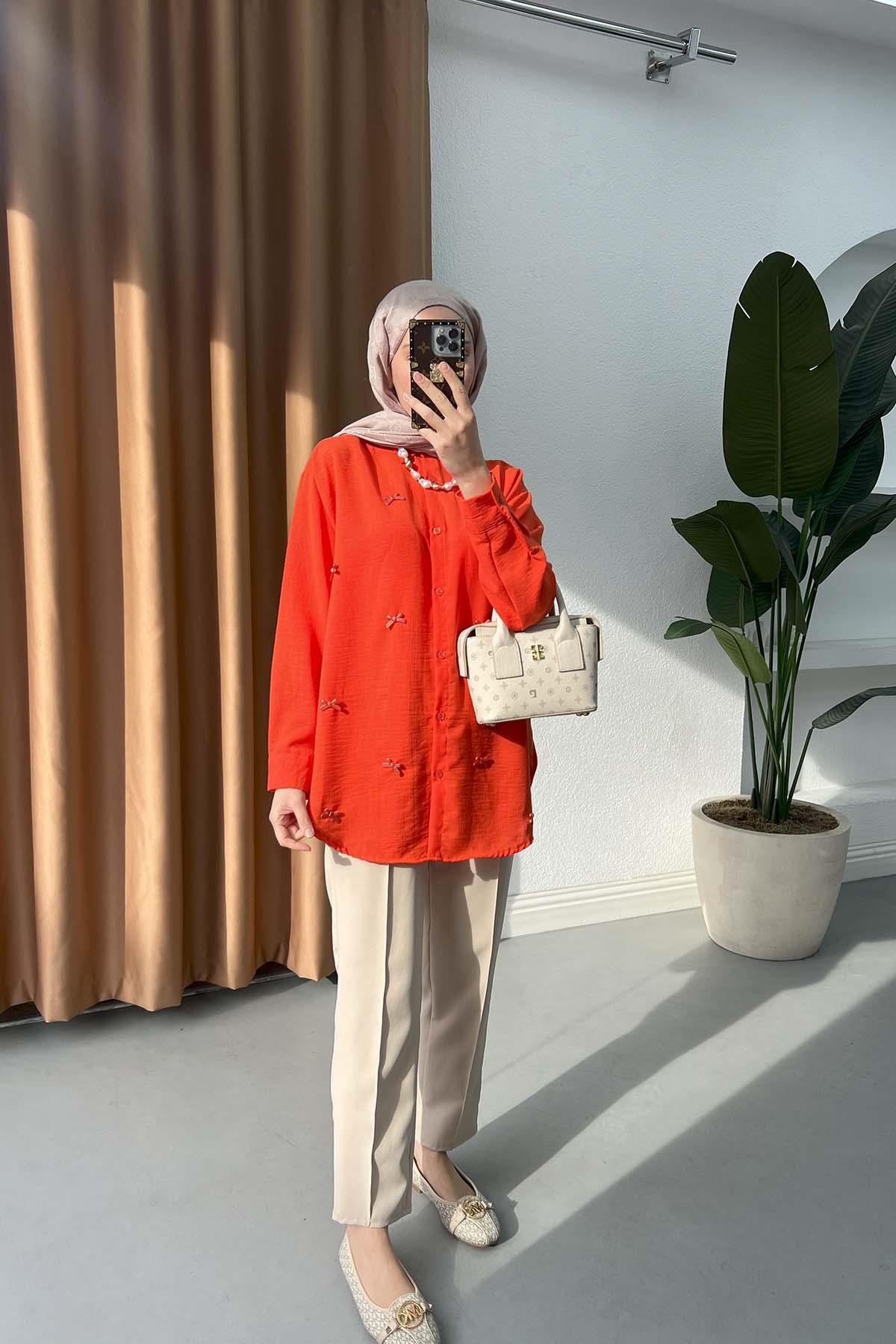 Sare Fashion Bow Detail Shirt Orange