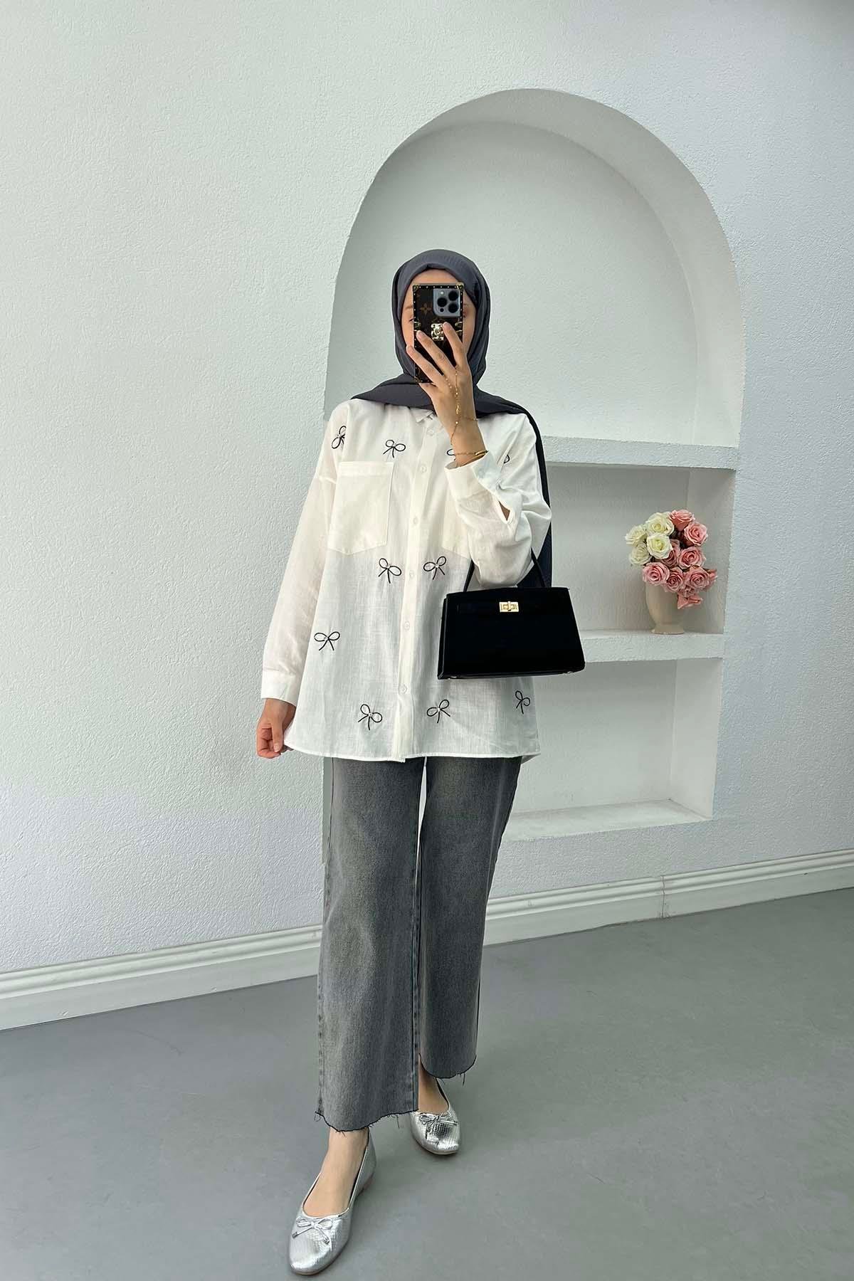 Sare Fashion Bow Embroidered Muslin Shirt White