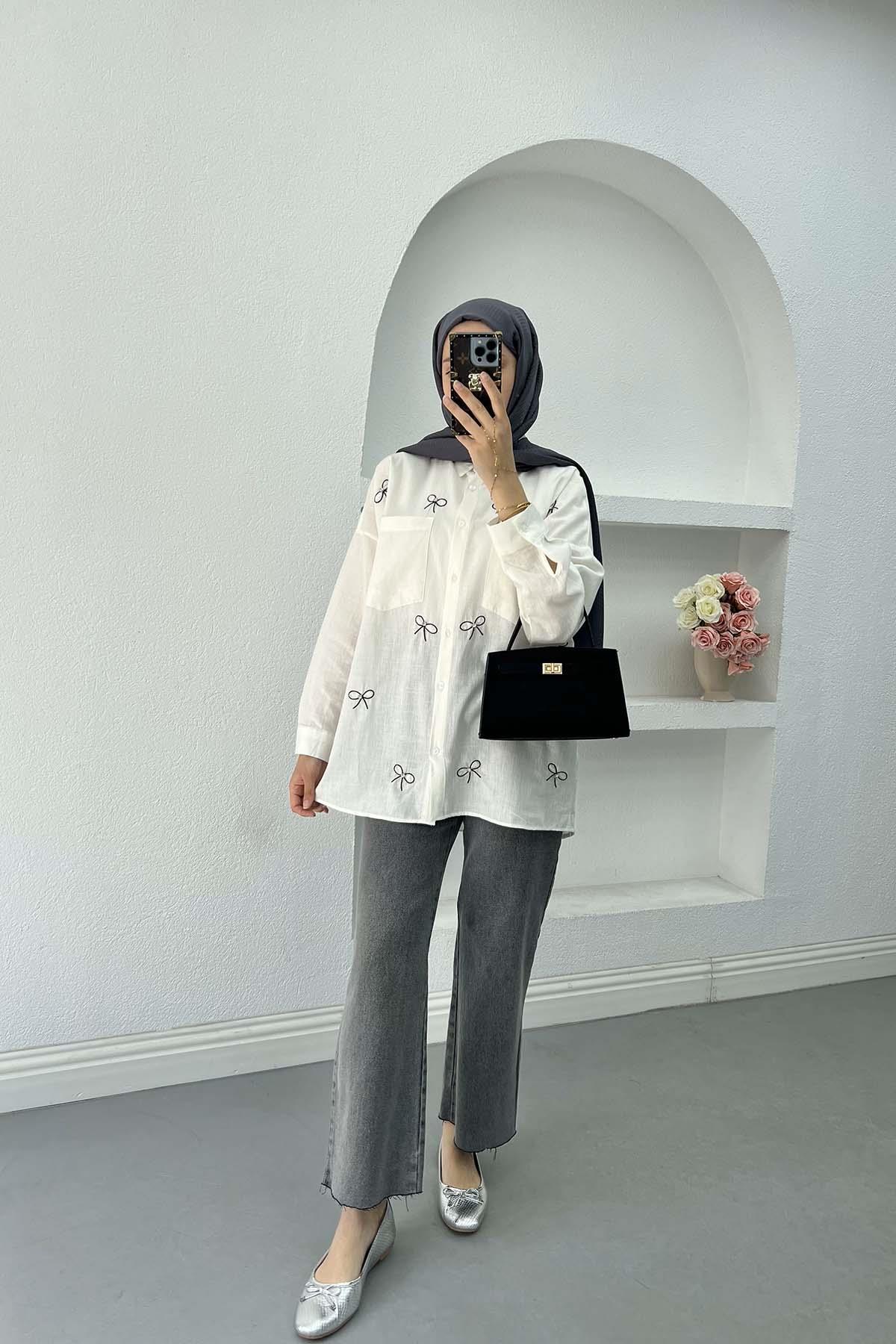 Sare Fashion Bow Embroidered Muslin Shirt White