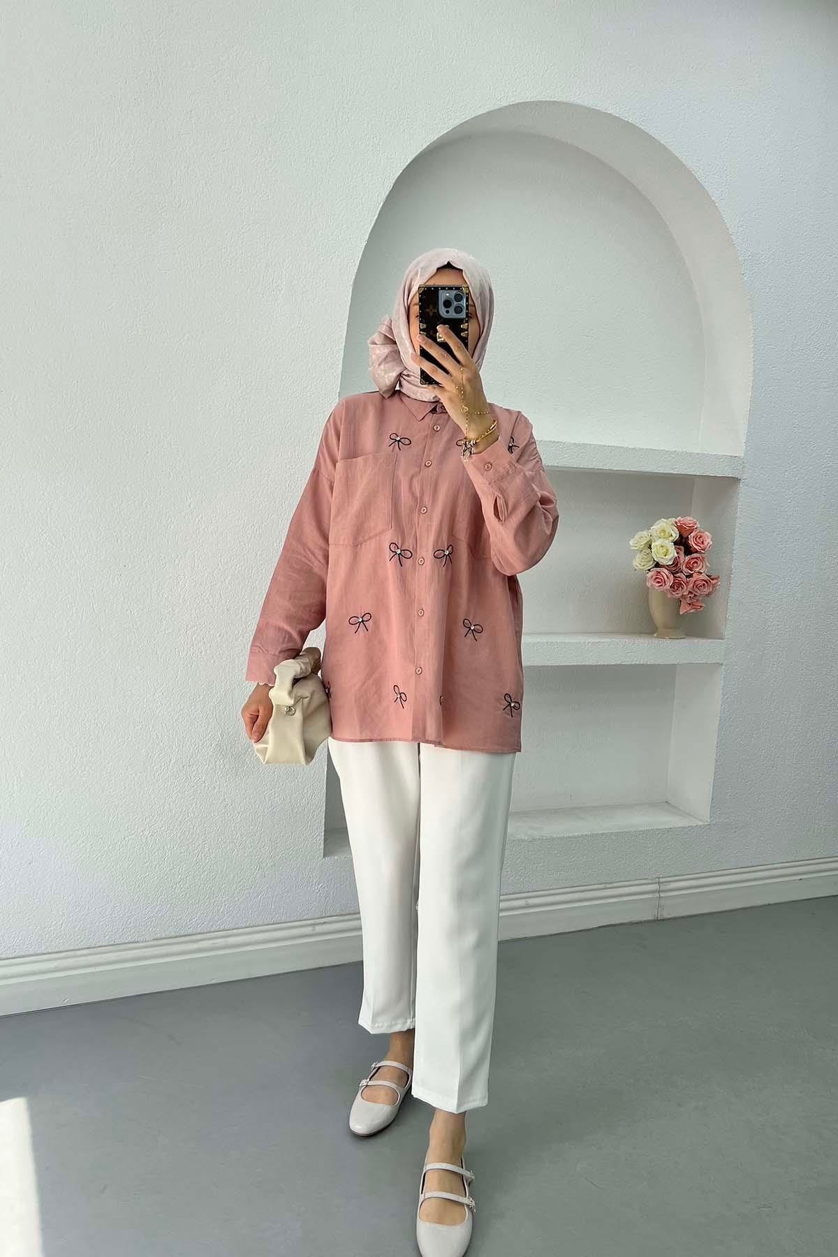 Sare Fashion Bow Embroidered Muslin Shirt Powder