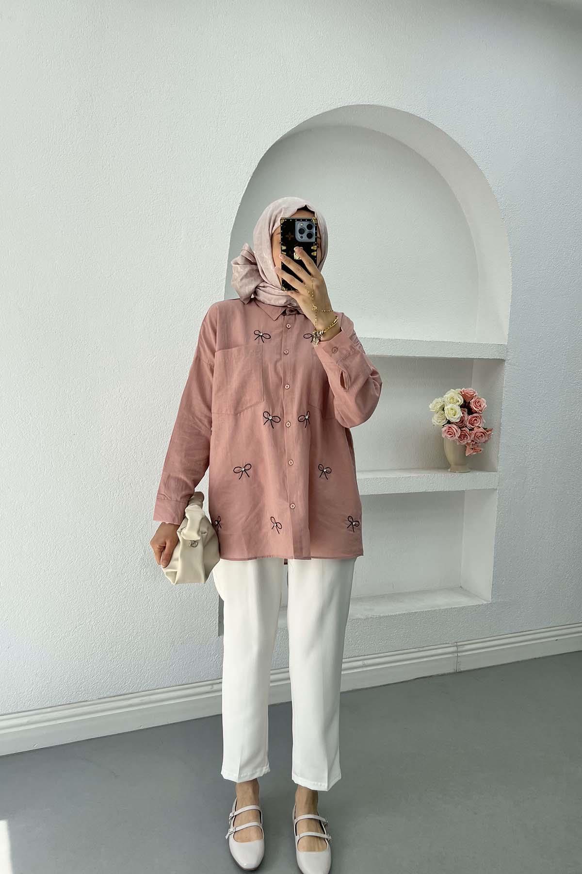 Sare Fashion Bow Embroidered Muslin Shirt Powder