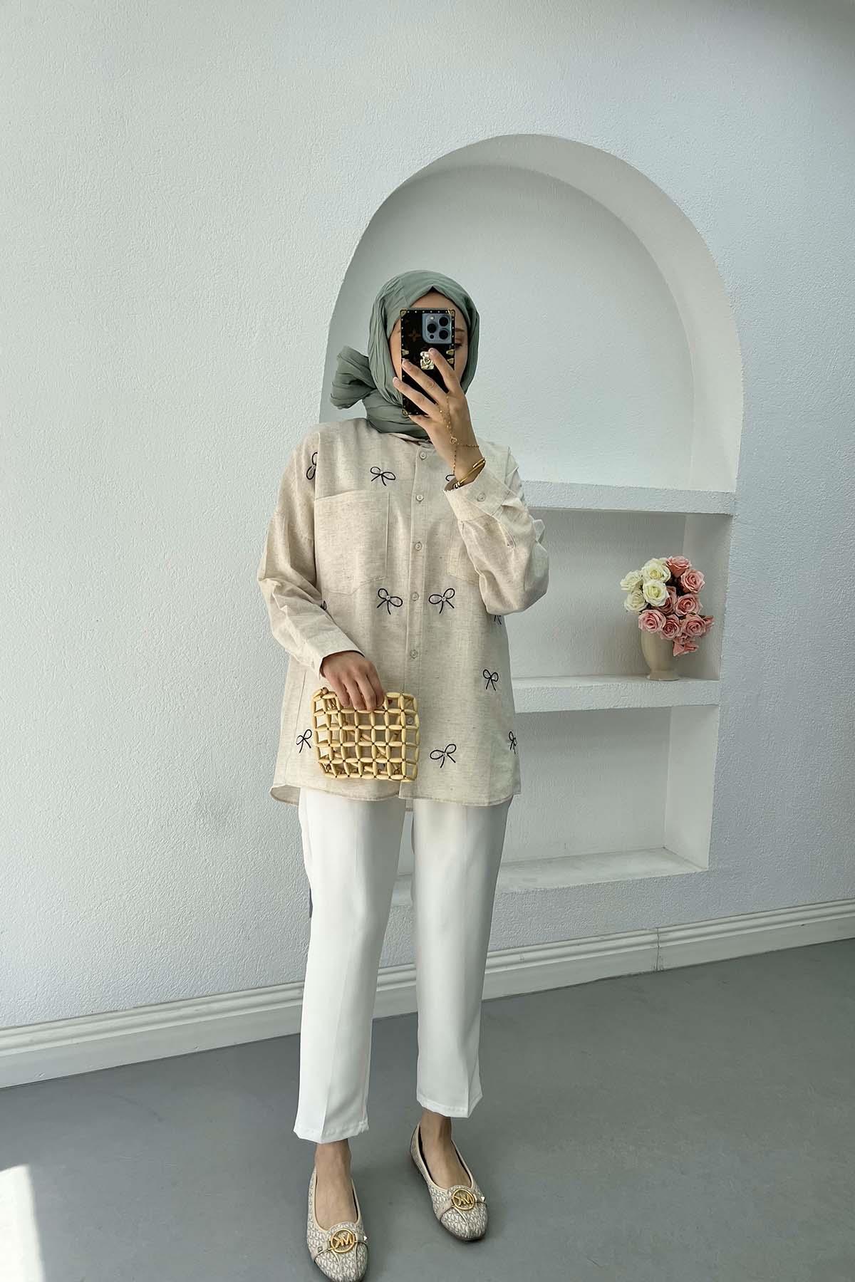 Sare Fashion Bow Embroidered Muslin Shirt Stone