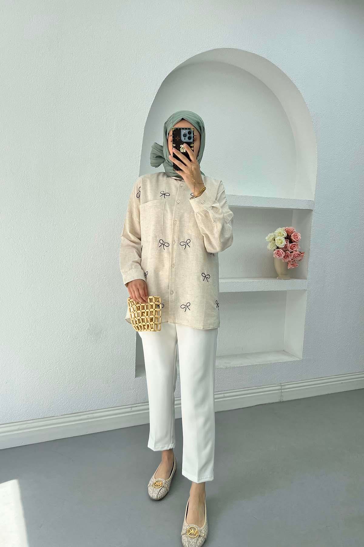 Sare Fashion Bow Embroidered Muslin Shirt Stone