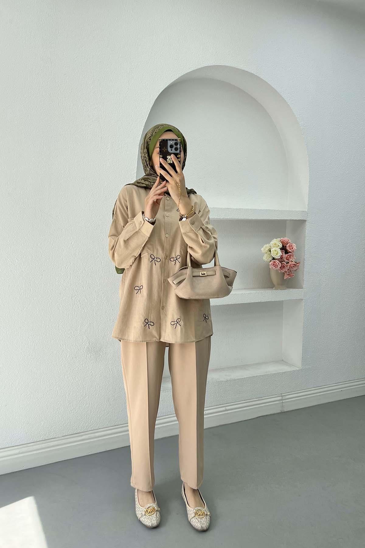 Sare Fashion Bow Embroidered Muslin Shirt Mink